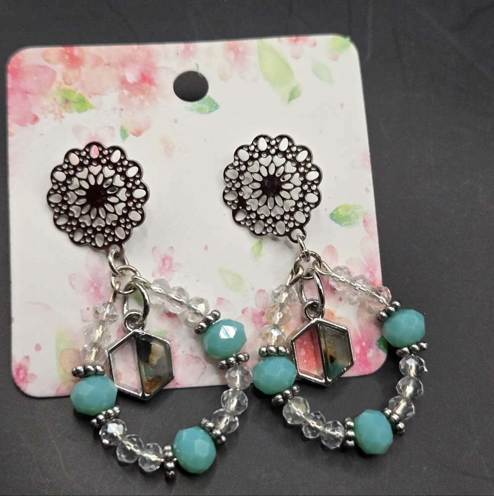 🔥3/15$ Beaded Hoop Drop Earrings | Turquoise & Crystal | Floral Studs